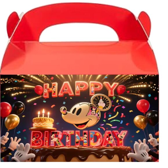 Custom Birthday Party Favor Boxes, Red Gabel Treat Boxes, Happy Birthday Design, - Picture 1 of 4